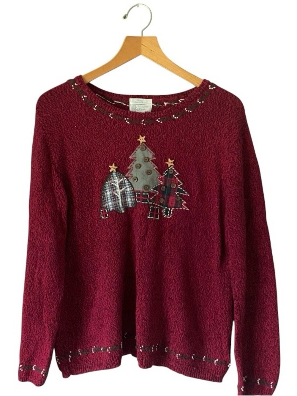 Vintage Christopher Banks Red Hand Embroidered Christmas Tree Sweater Size L